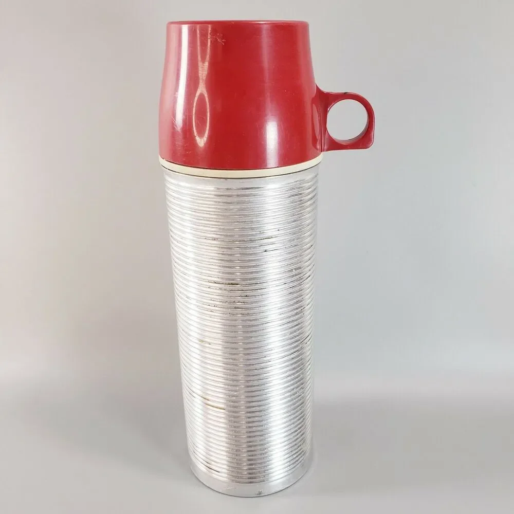 American Thermos Pint Size Ribbed Aluminum Red Cap Glass Insert Travel VTG
